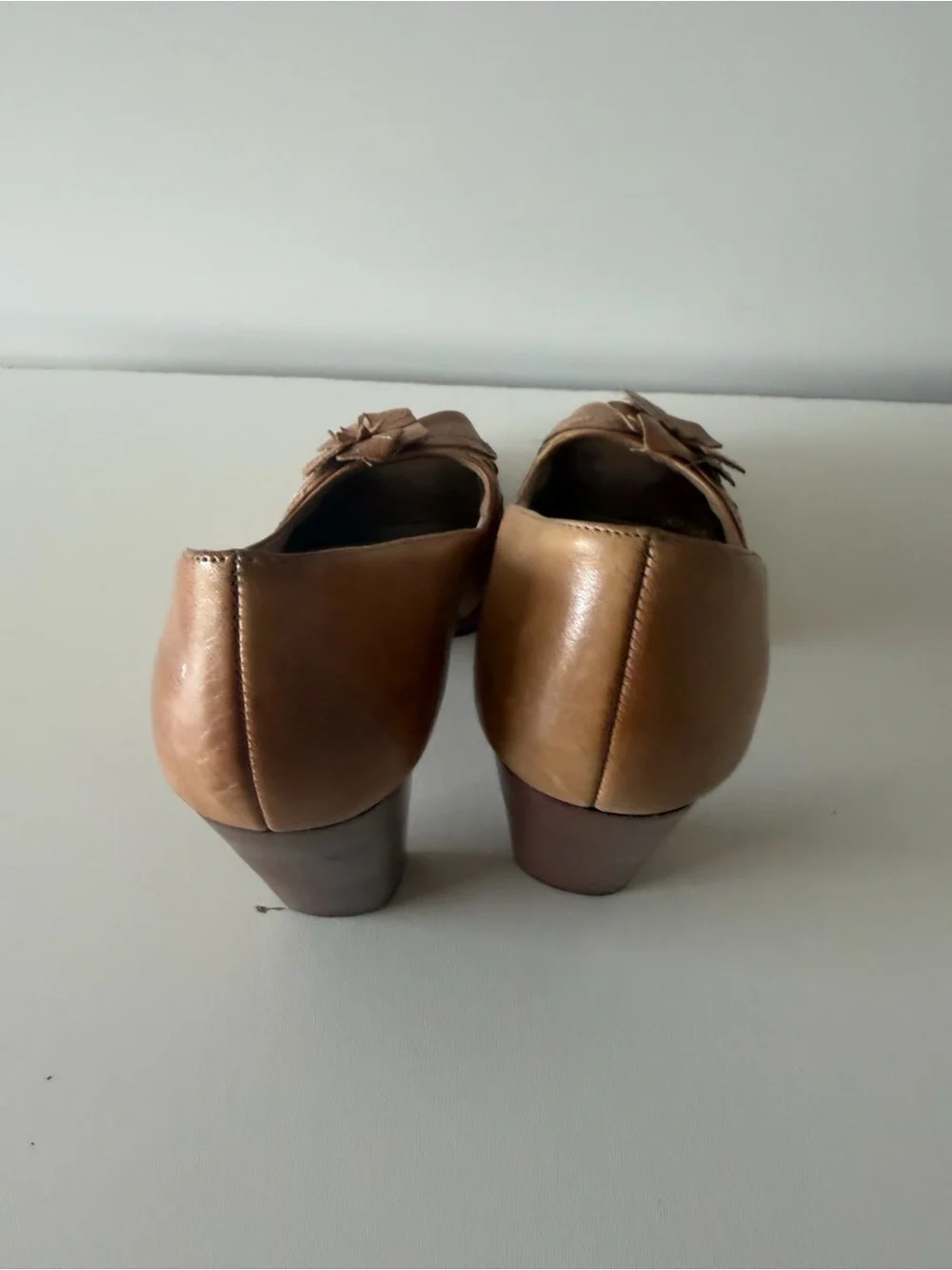Seychelles Tan Leather Peep-Toe Heels with Floral Cutwork